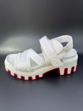 Christian Louboutin Loubi Trek Sandals White Red Sole Platform Lug Sz 38